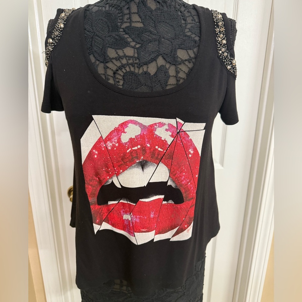 Black and Red Graphic Top with embellished cold shoulder